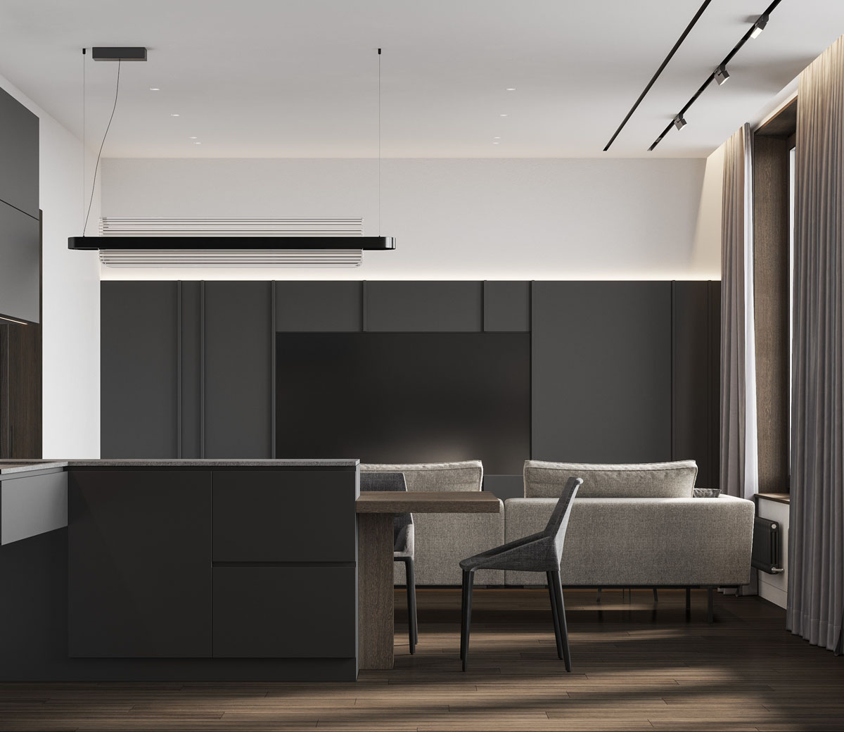 Простора вітальня в стилі мінімалізм з мінімумом меблів та декору.