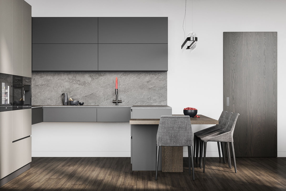 Інтер'єр вітальні в стилі мінімалізм з використанням сірого, білого та дерев'яних елементів.