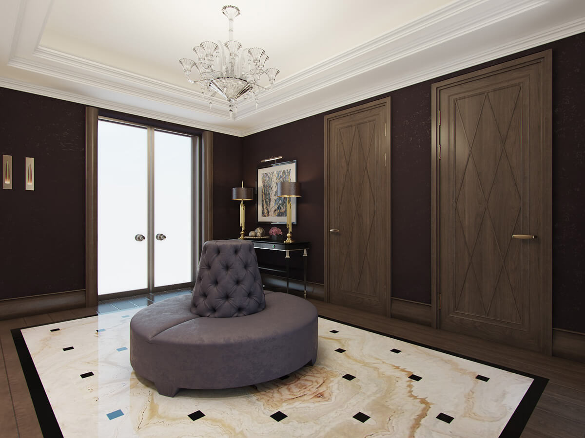 Сучасний інтер'єр прихожої в приватному будинку з лавкою, килимом та рослинами для комфорту.