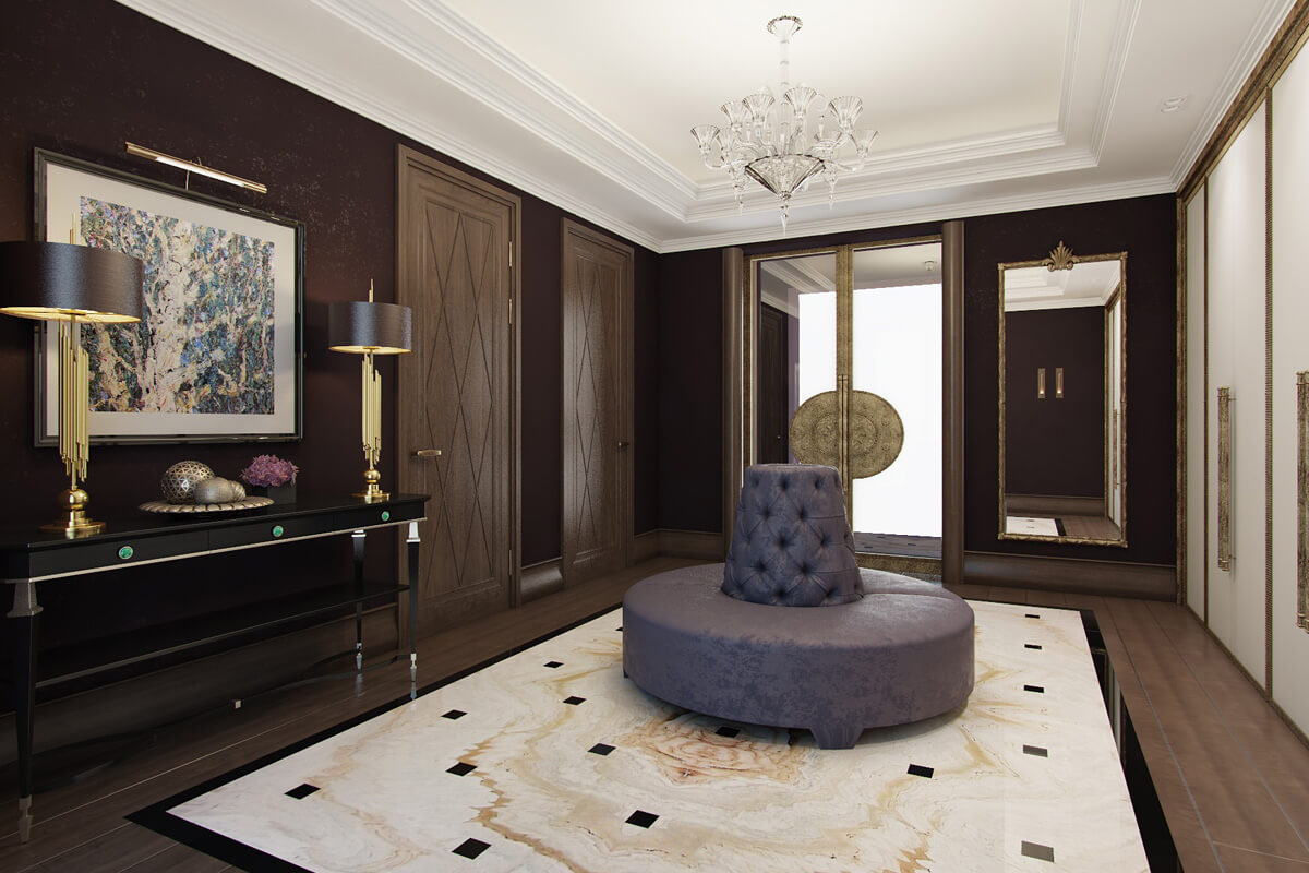 Дизайн прихожої в приватному будинку з дерев'яними панелями та дзеркалом для візуального розширення простору.