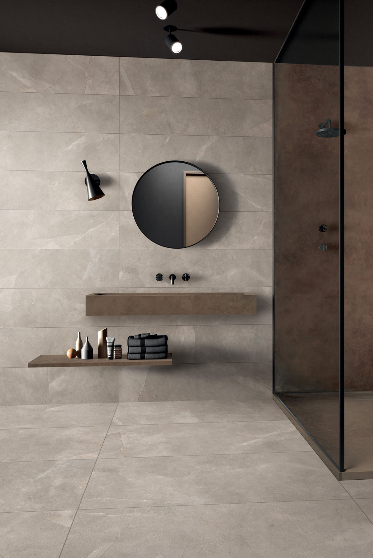 Інноваційний дизайн сірої ванної кімнати з використанням акцентного освітлення та мінімалізму