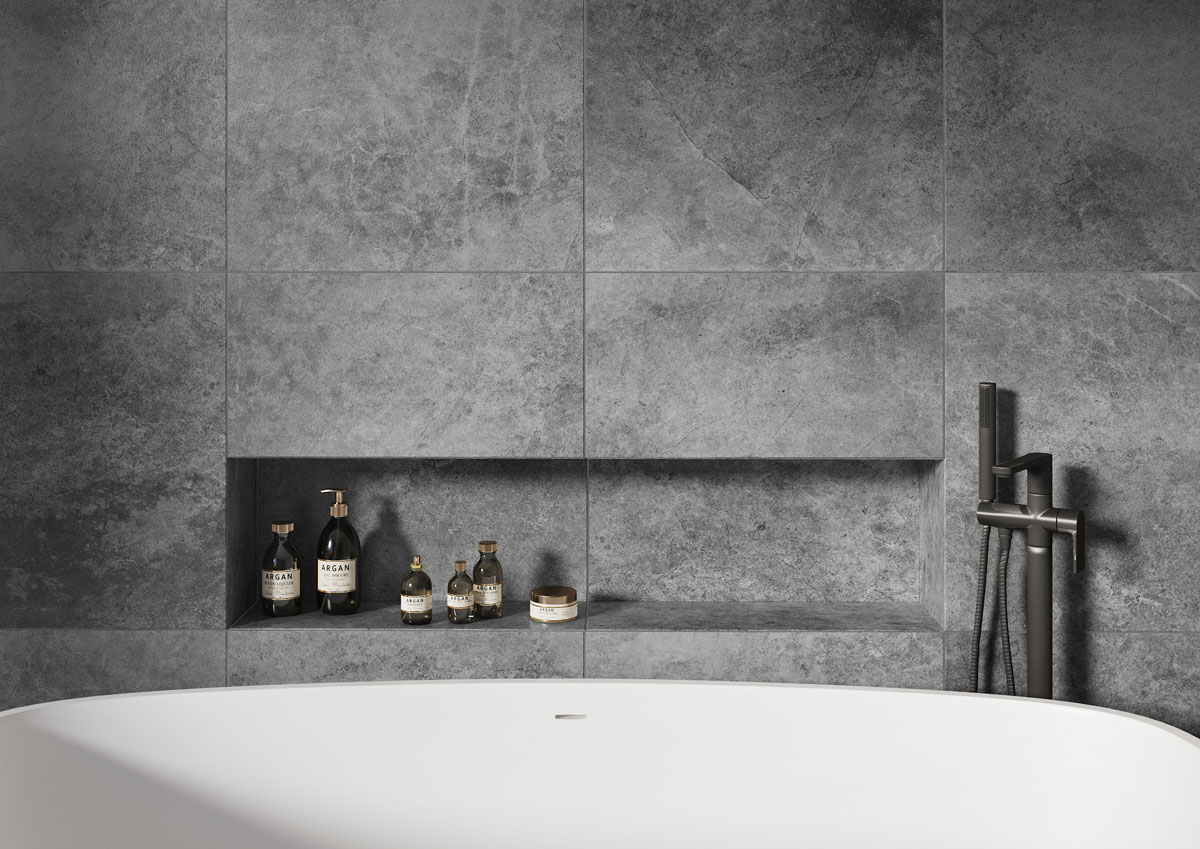 Інтер'єр ванної кімнати в сірих тонах з використанням різних текстур