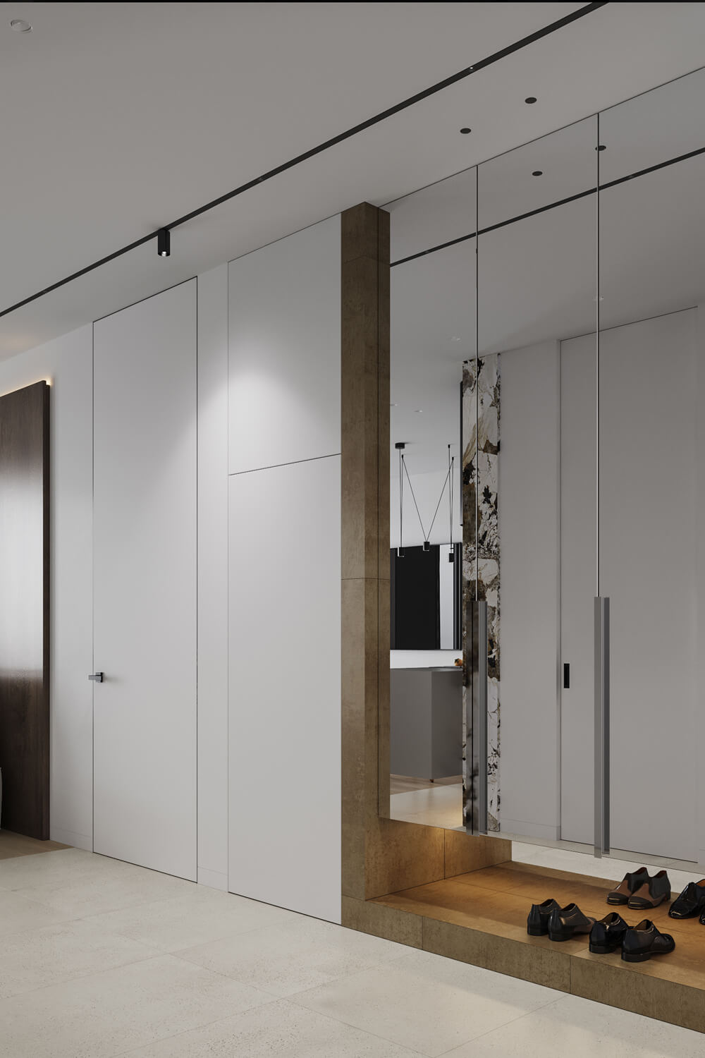 Дизайн кухні-вітальні в сірих тонах з використанням дерева для зонування простору.