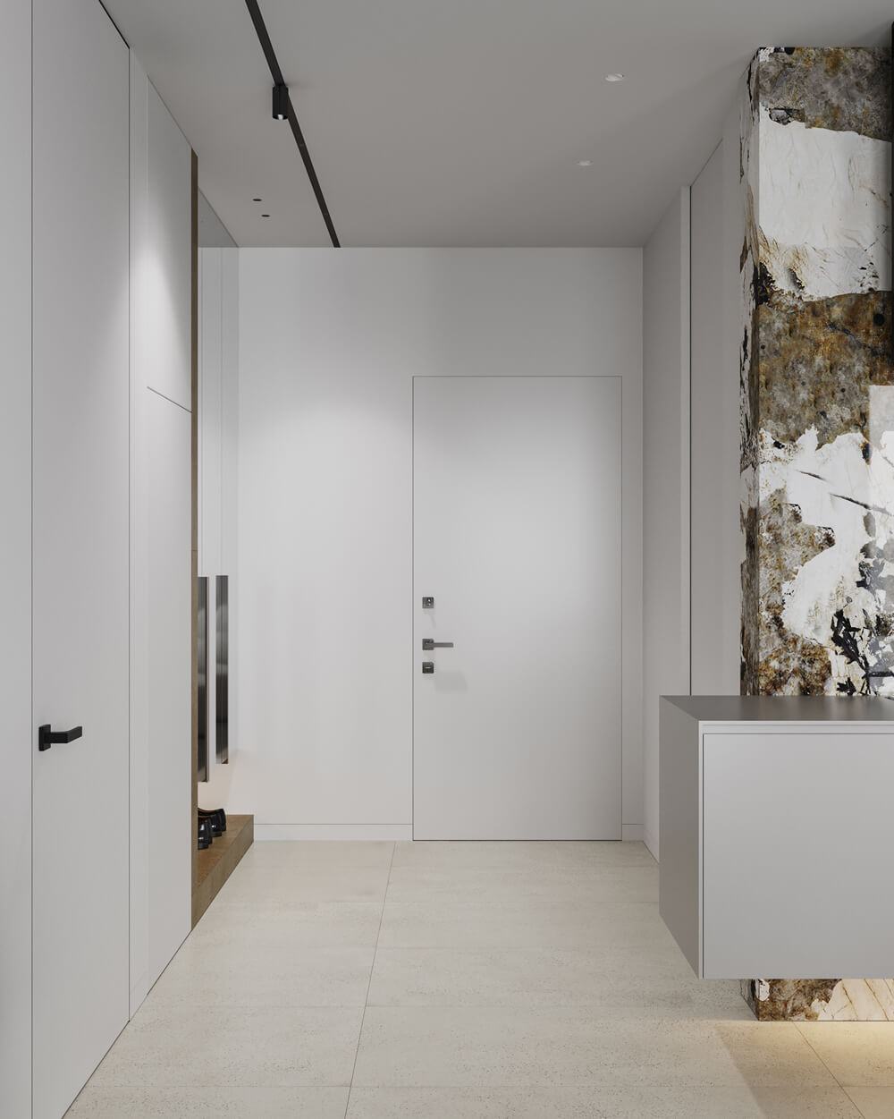 Затишна кухня-вітальня в сірих відтінках з м'яким освітленням та текстильними акцентами.