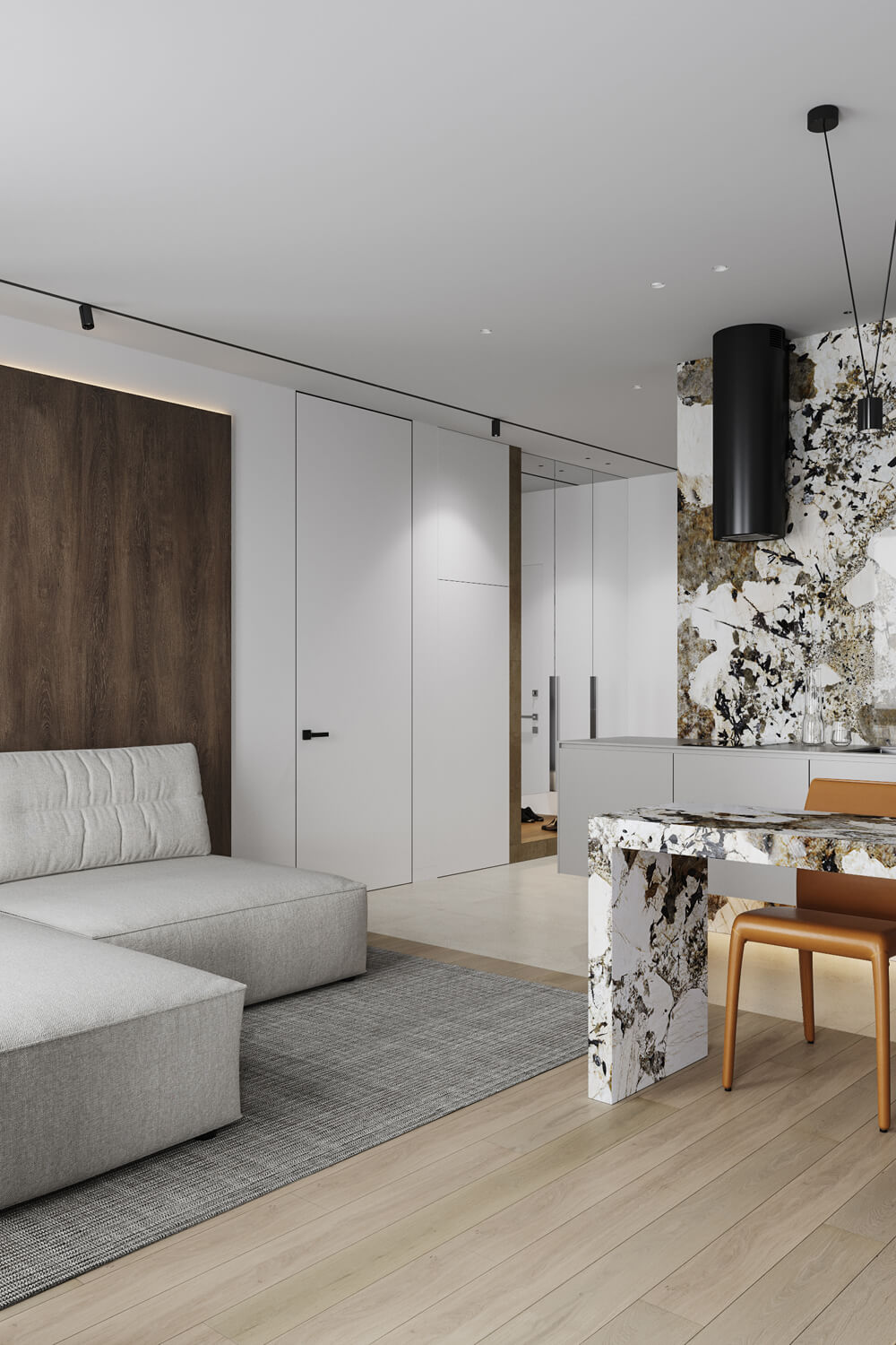 Елегантний дизайн кухні-вітальні в сірих тонах з використанням контрастних кольорових акцентів.