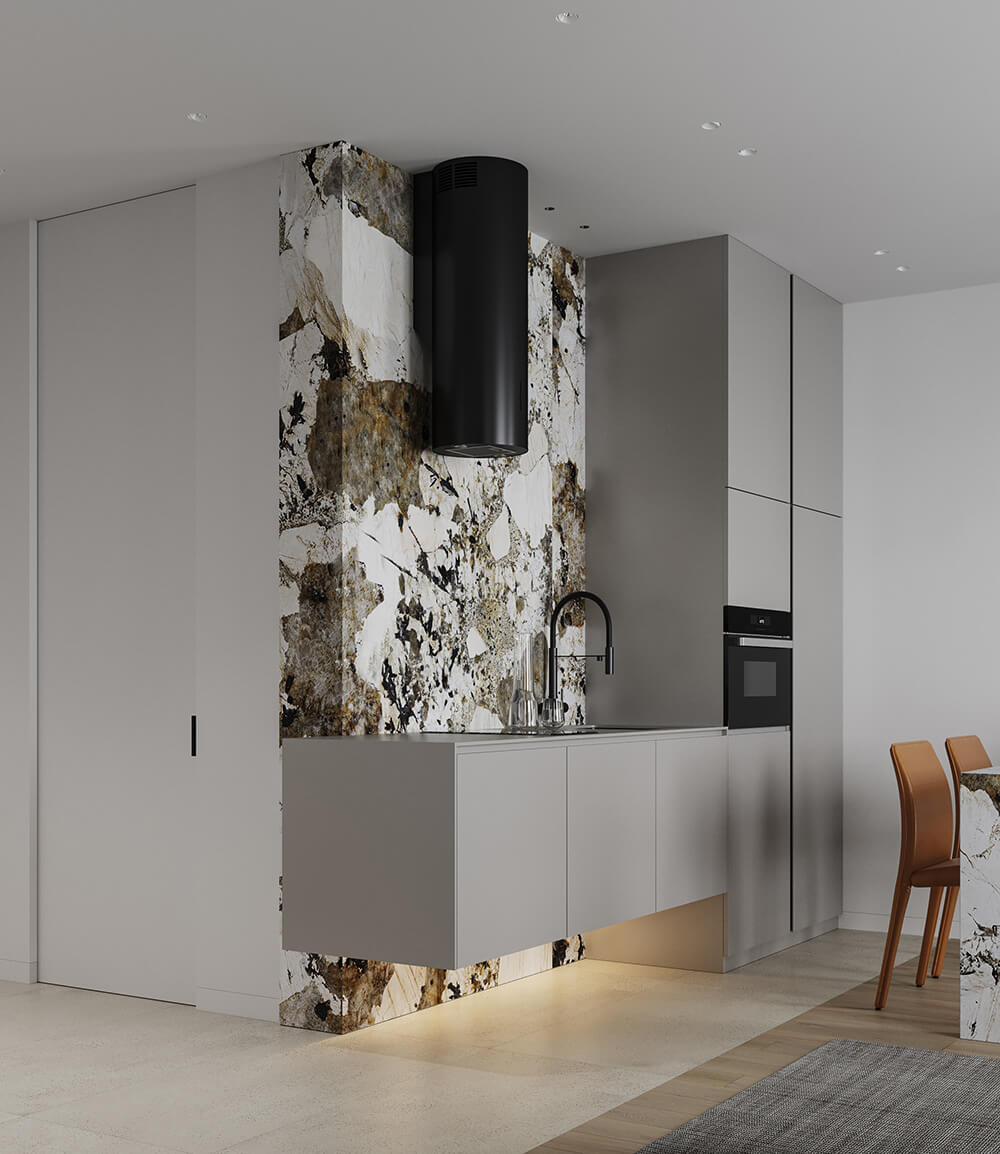 Сучасний монохромний інтер'єр квартири з використанням нейтральних кольорів та елегантних меблів.