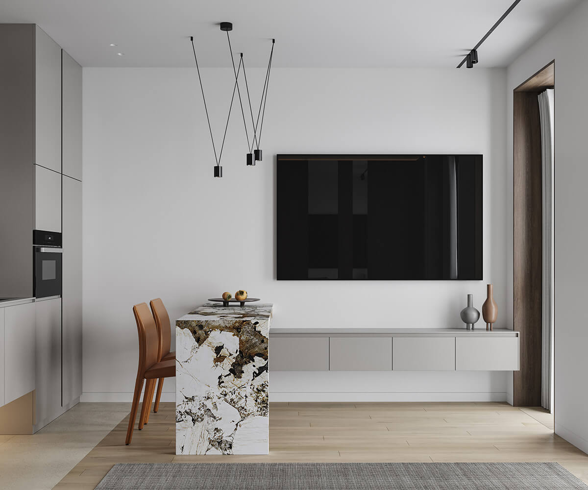 Мінімалістичний монохромний інтер'єр вітальні з акцентом на природному освітленні та простих формах.