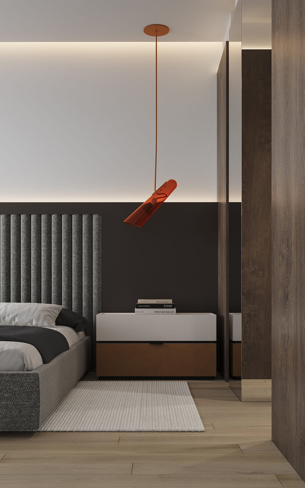 Елегантний монохромний дизайн інтер'єру вітальні з акцентом на мінімалістичному декорі та освітленні.