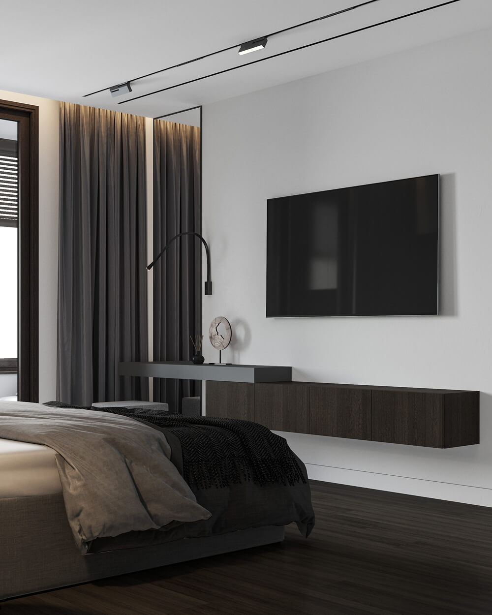 Коричневий колір в інтер'єрі кабінету: робоче місце з дерев'яними меблями та книжковими полицями.