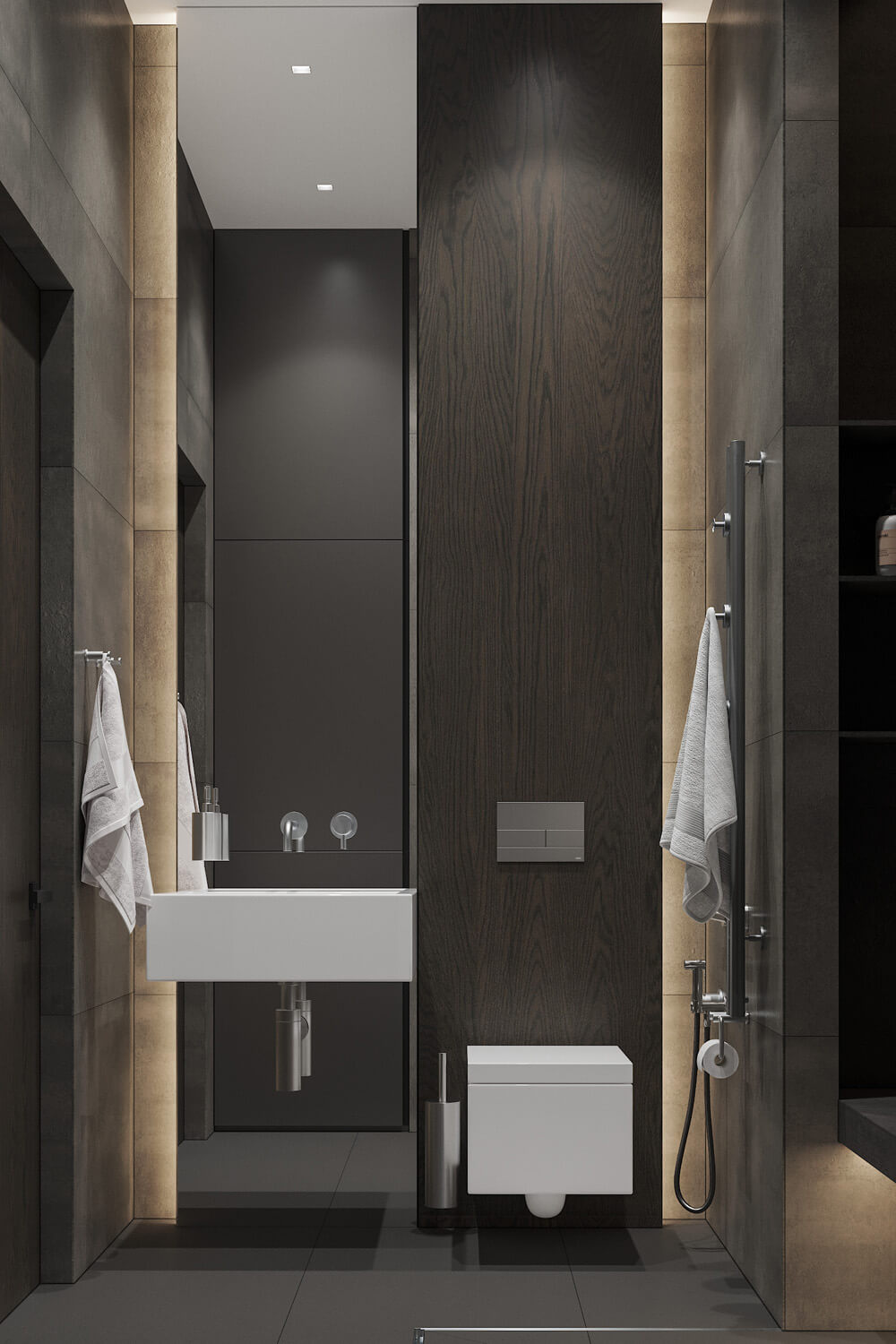 Інтер'єр у коричневих тонах: коридор з дерев'яною підлогою та коричневими дверцятами.