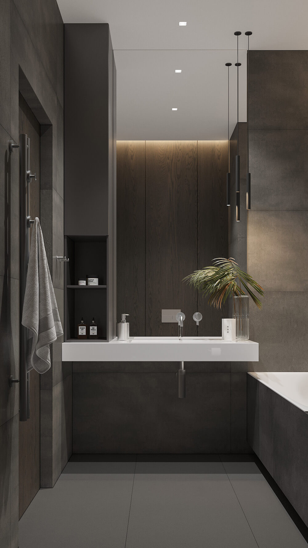 Дизайн інтер'єру: коридор в коричневих тонах з дзеркалом та декоративними рослинами.