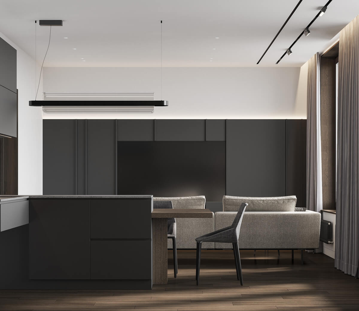 Коричневий колір в інтер'єрі: вітальня з коричневим диваном та килимом у східному стилі.