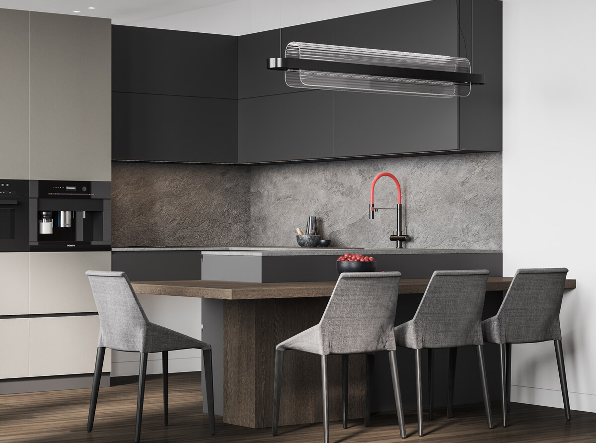 Коричневий колір в інтер'єрі кухні: меблі з дерева та кам'яна стільниця