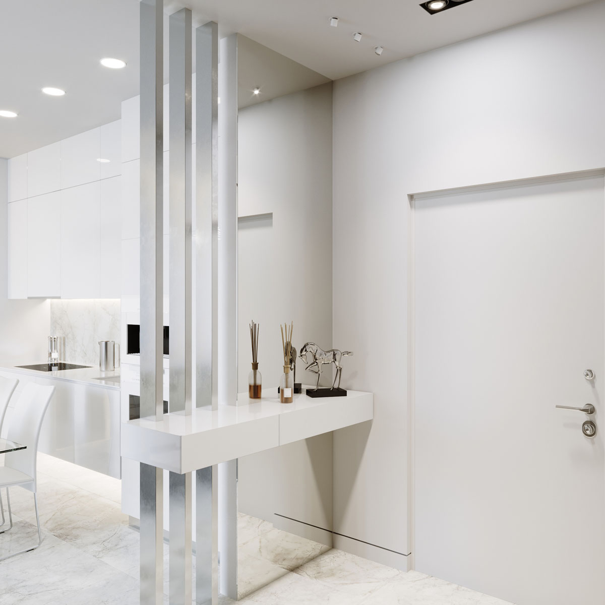 Інтер'єр білої кухні з островом, барними стільцями та сучасним освітленням