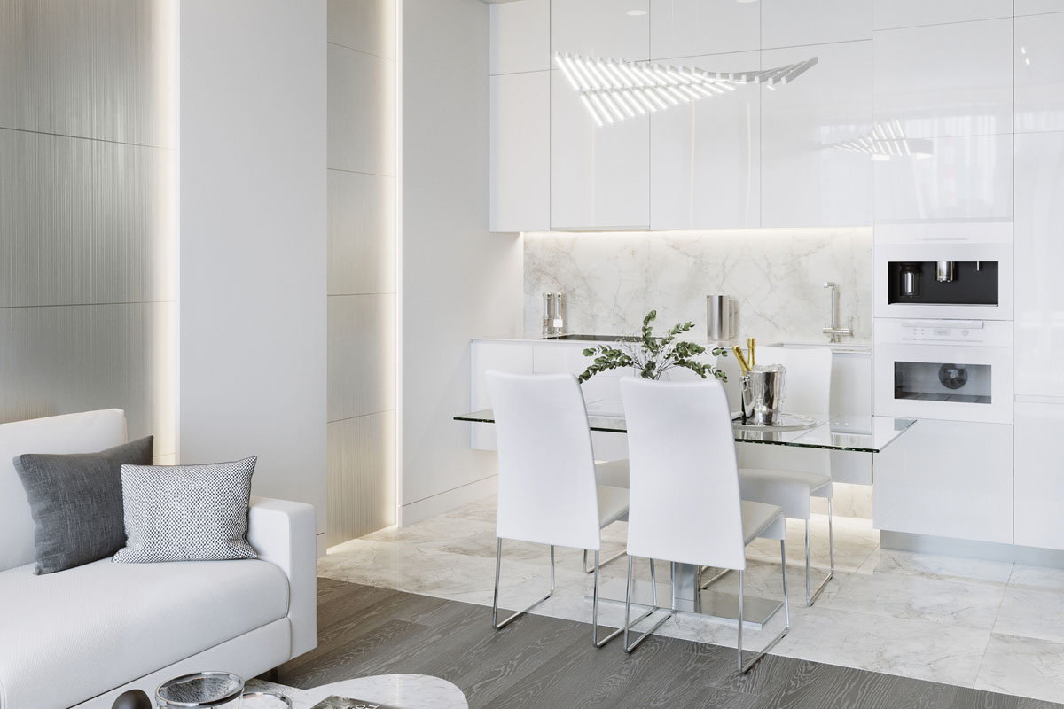 Біла кухня: сучасний дизайн інтер'єру з дерев'яними акцентами та побутовою технікою