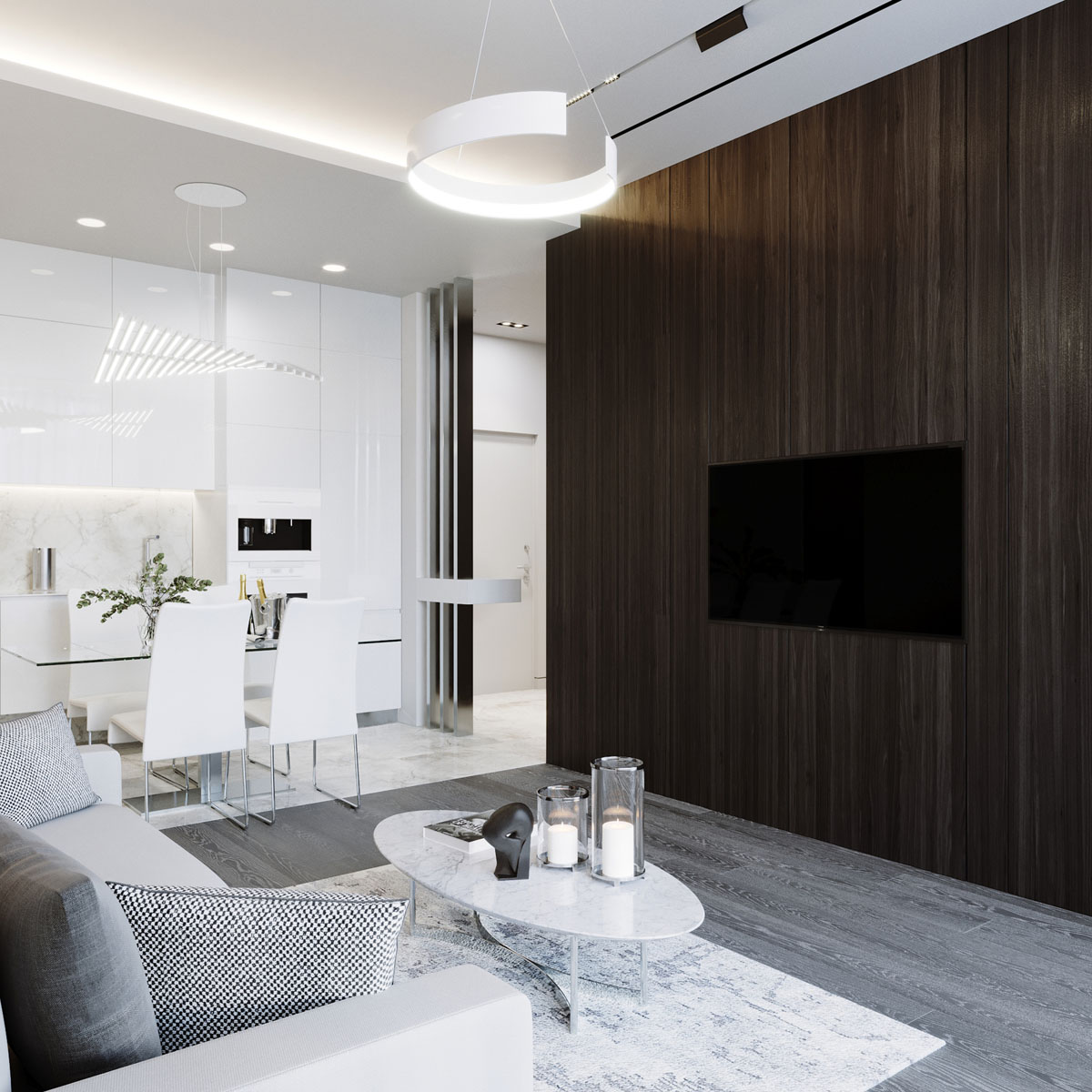 Дизайн білої кухні з мармуровою стільницею та акцентами з нержавіючої сталі