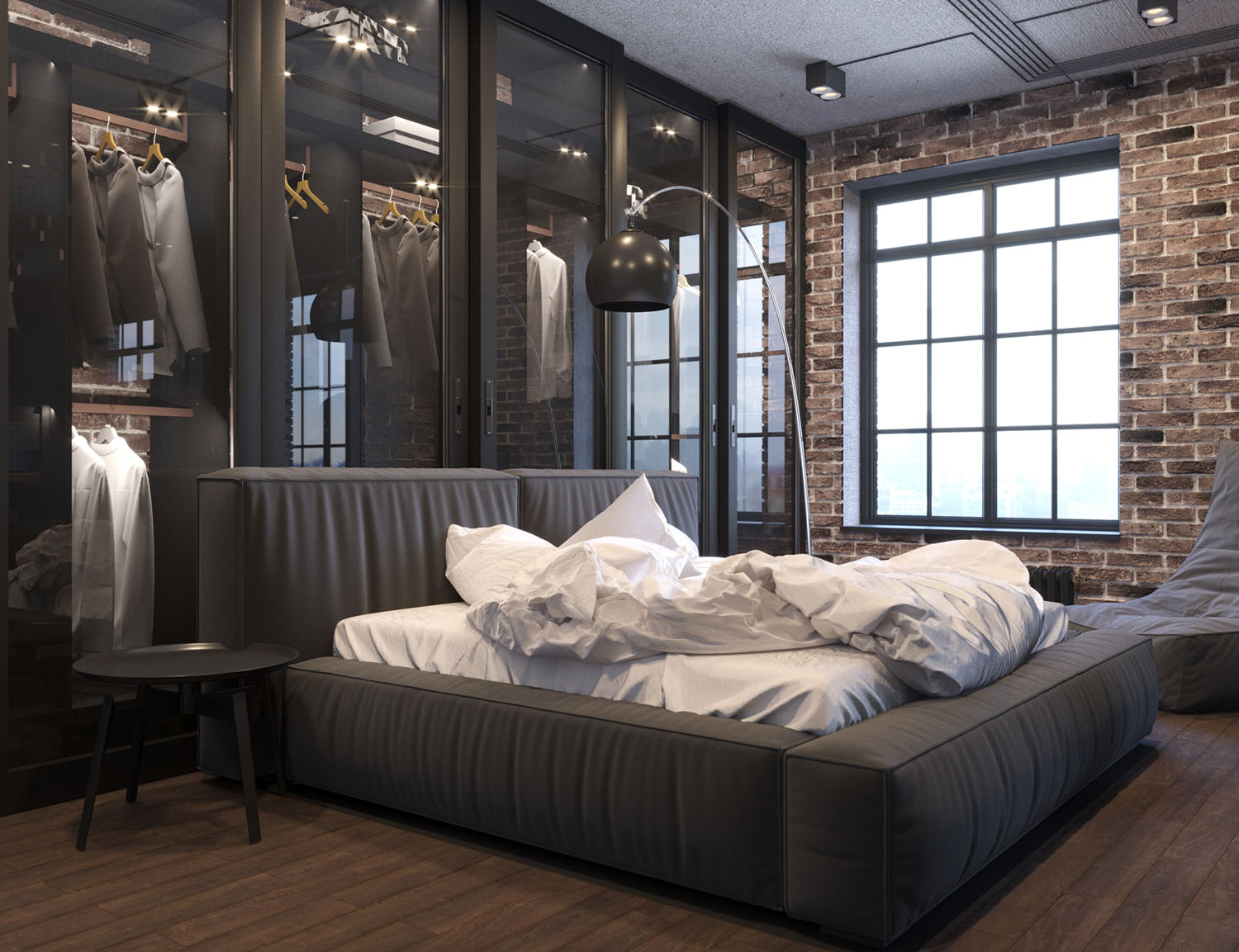 Елементи декору в спальні в стилі лофт: подушки, текстиль, та металеві акценти.