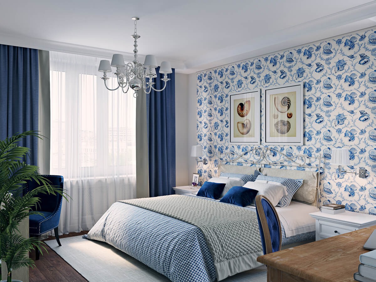 Елегантний синьо-білий інтер'єр: синій диван, білі стіни та золотий декор для розкоші.