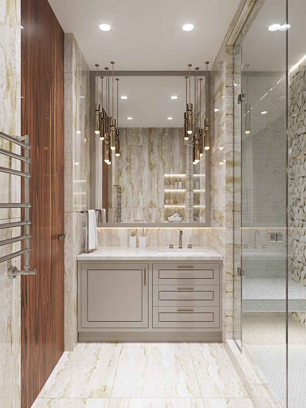 Сучасне освітлення у ванній кімнаті з вологозахищеними світильниками для безпеки та довговічності.