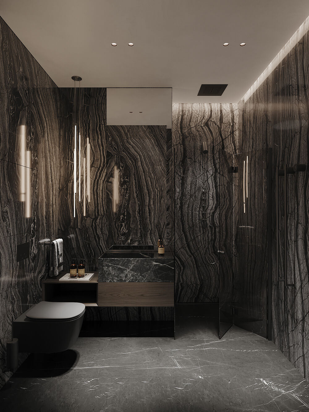 Розкішна ванна кімната з декоративним освітленням, що підкреслює стиль та індивідуальність.