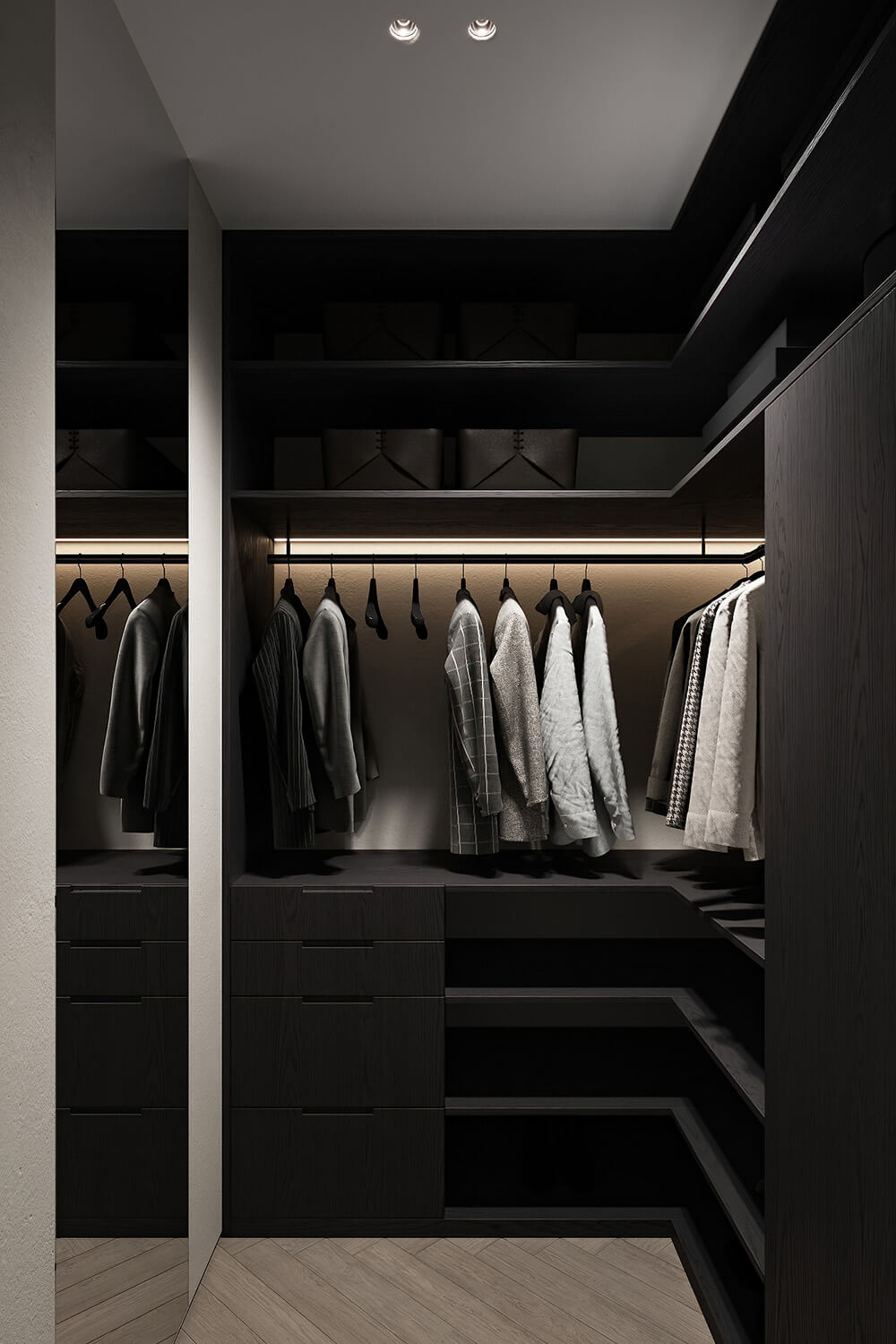 Відкрита система зберігання з комбінацією полиць та шухляд для різноманітних речей.