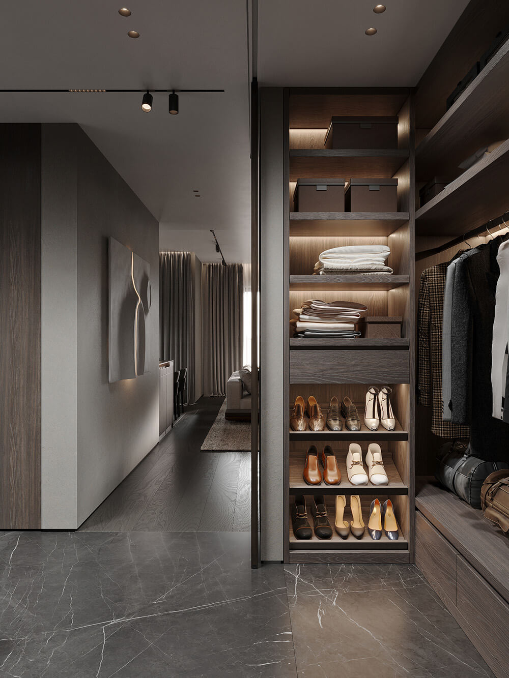 Відкрита система зберігання з комбінацією полиць та висувних ящиків для різних потреб.