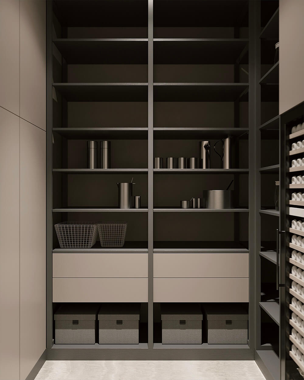 Відкриті полиці для зберігання книг та декору, організація простору в кабінеті.