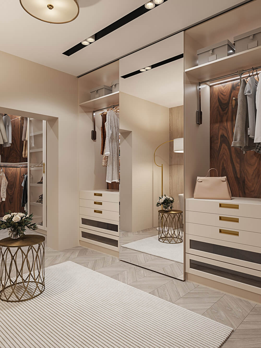 Стильна відкрита система зберігання з одягом та аксесуарами в гардеробній кімнаті.