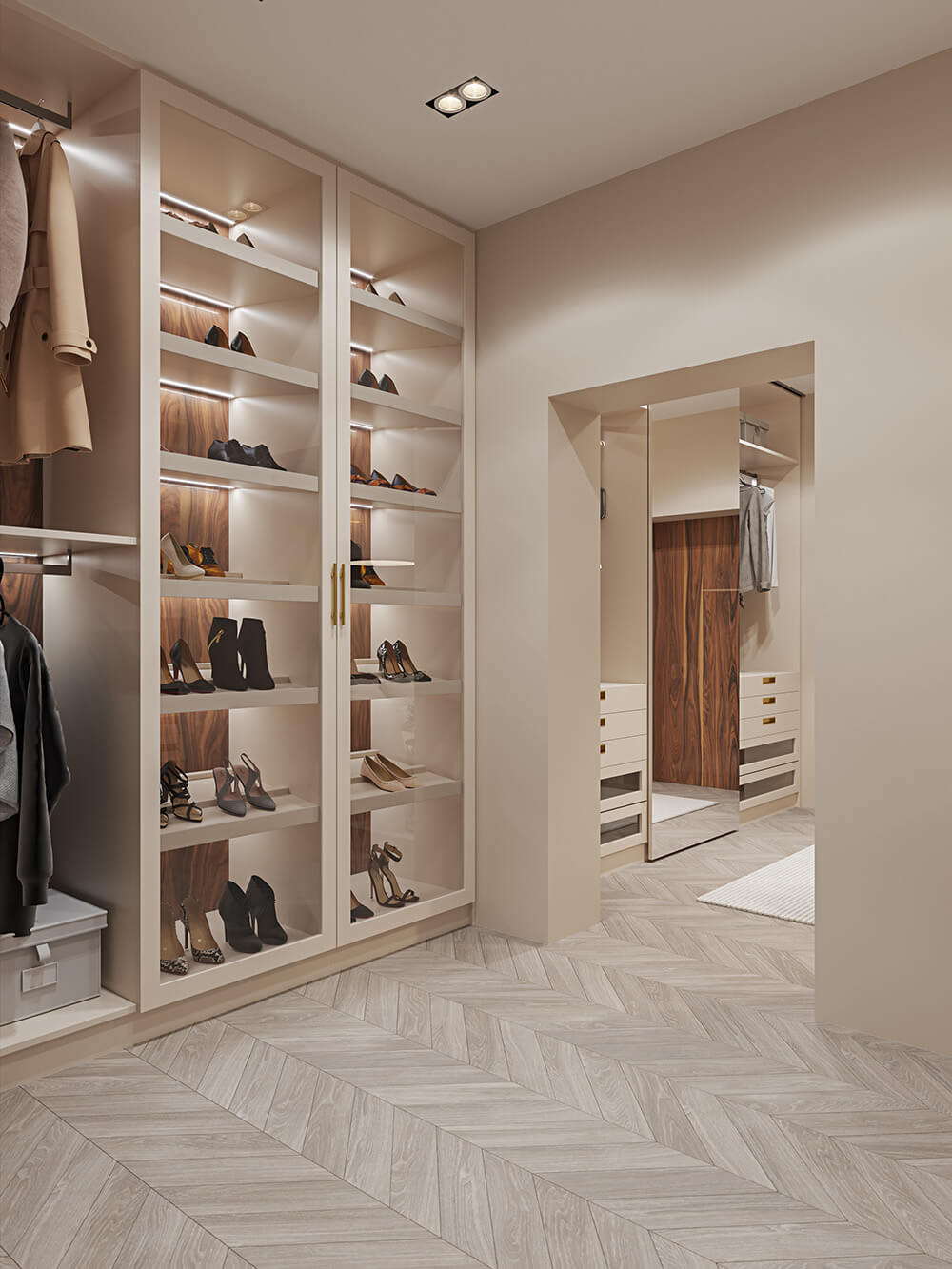 Сучасна відкрита система зберігання з дерев'яними полицями в скандинавському стилі.