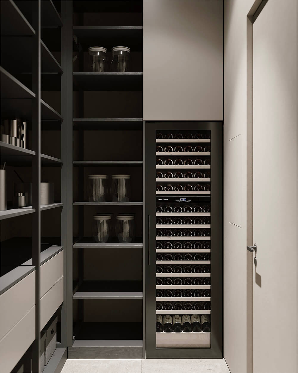 Відкрита система зберігання у ванній кімнаті з рушниками та косметичними засобами.