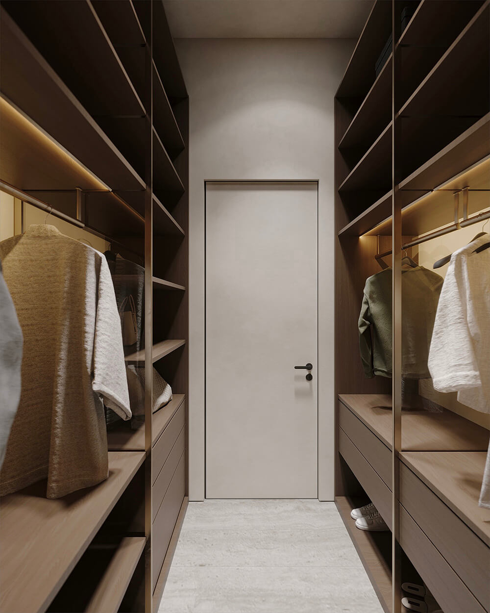 Сучасна відкрита система зберігання з металевим каркасом в мінімалістичному інтер'єрі.