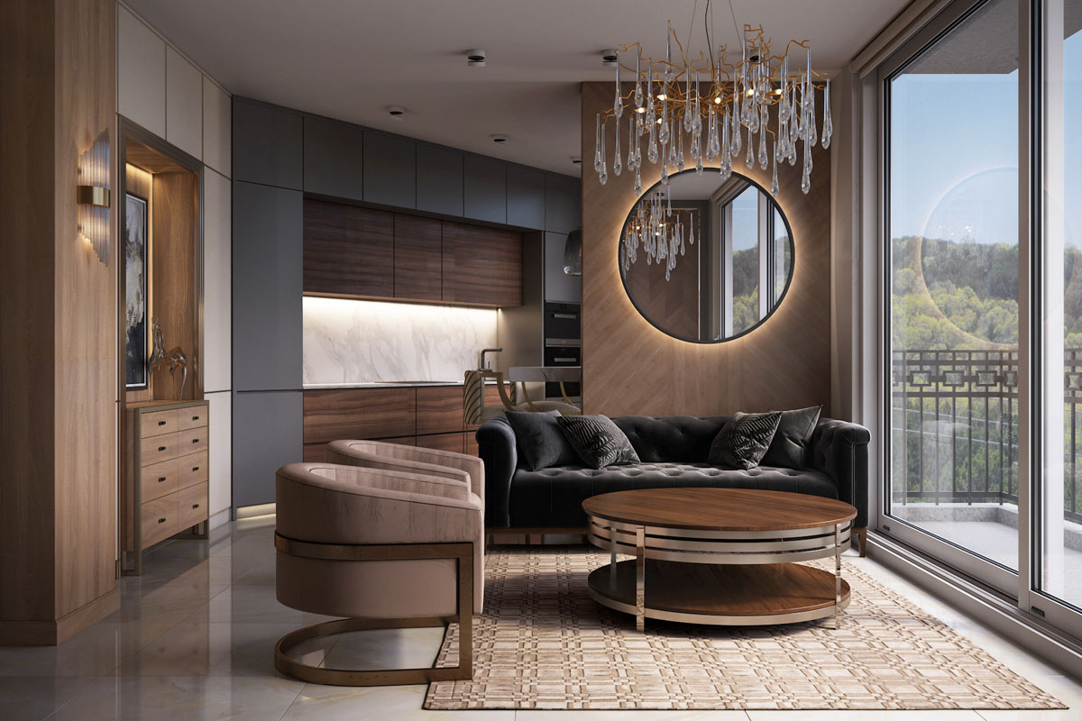 Інтер'єр квартири з панорамними вікнами, що забезпечують багато природного світла. Стильний дизайн з вікнами в підлогу.