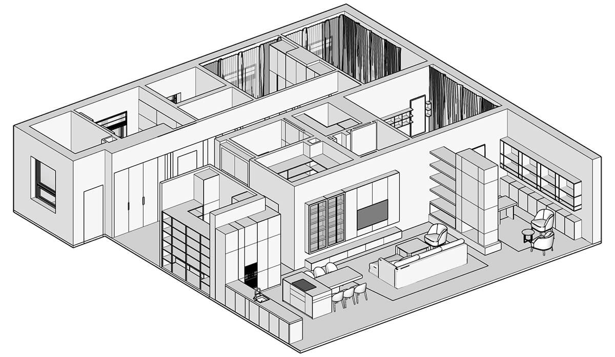 Перепланування в новобудові: велика кухня-вітальня з барною стійкою після перепланування.