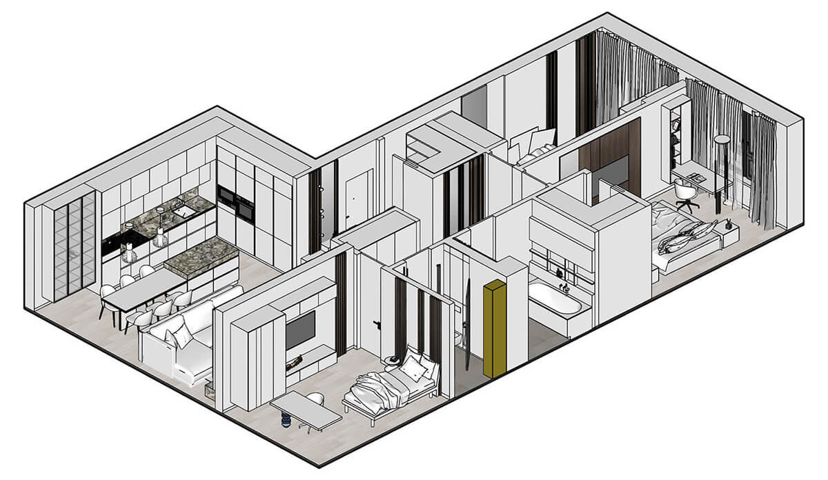 Перепланування квартири в новобудові: проект з новими комунікаціями та розташуванням меблів.