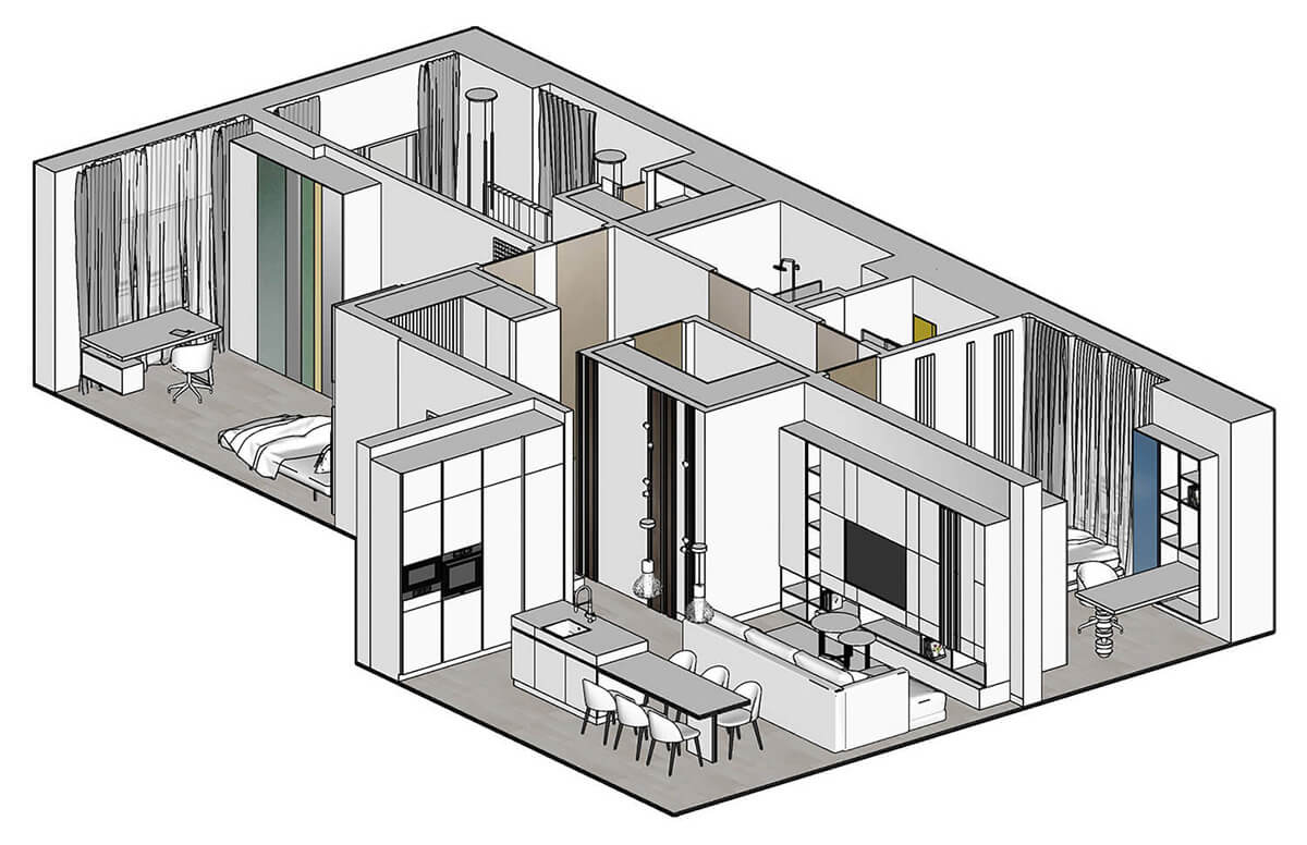 Проект перепланування квартири в новобудові: візуалізація дизайну та технічні рішення.