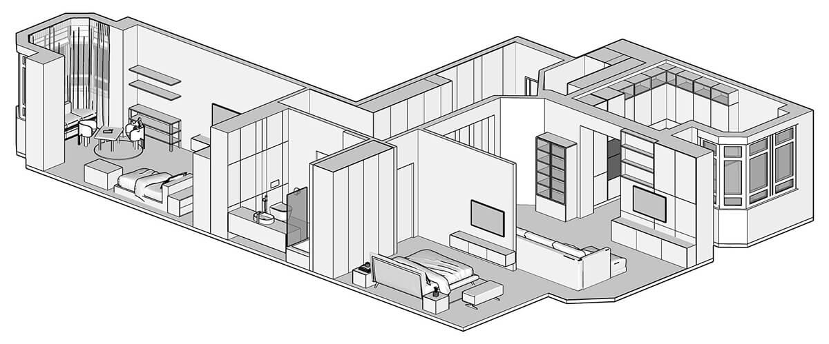 Перепланування квартири в новобудові: сучасний інтер'єр після узгодження та реалізації проекту.