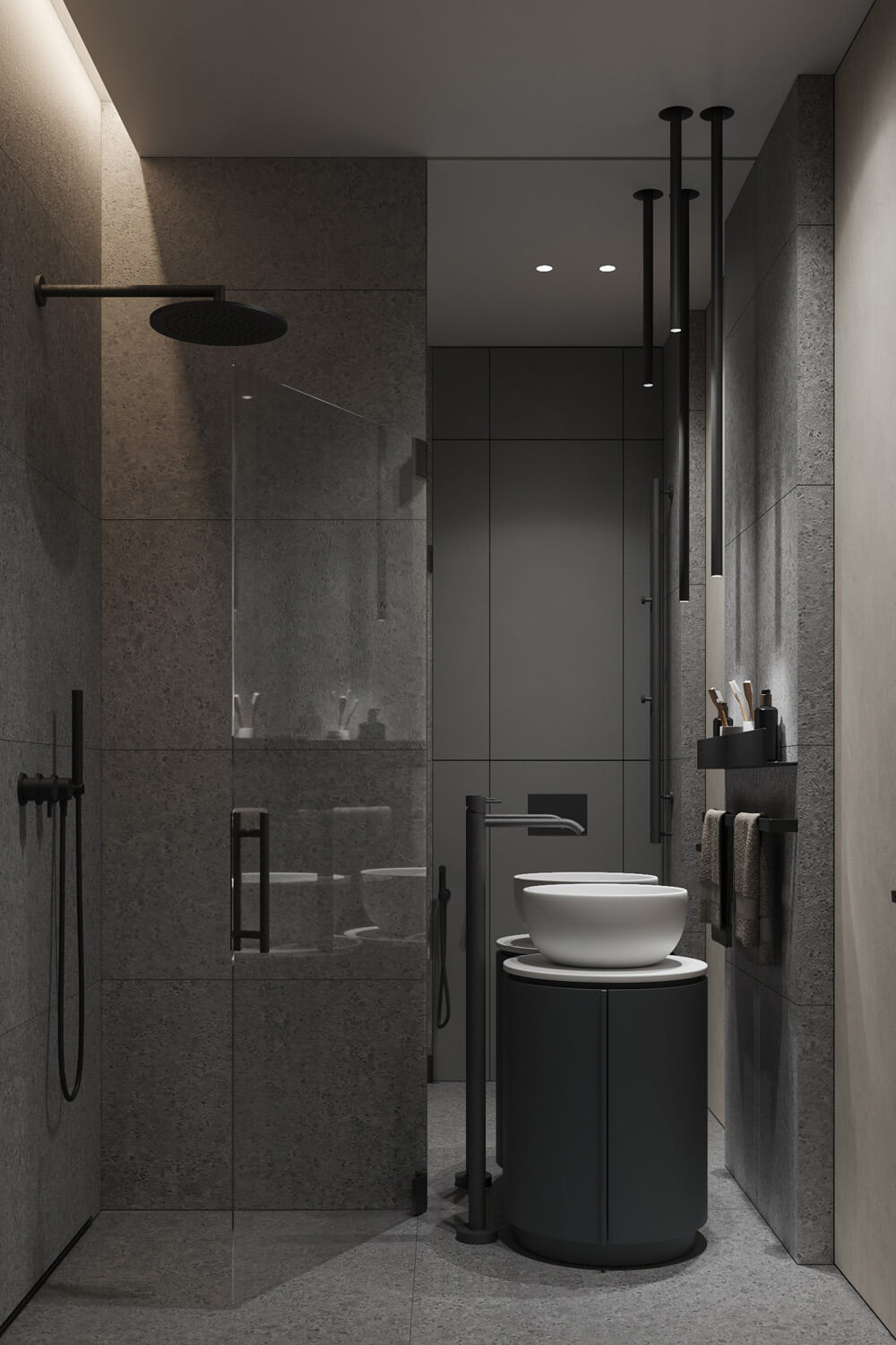 Елегантні полиці у ванній кімнаті, що додають вишуканості та функціональності інтер'єру.