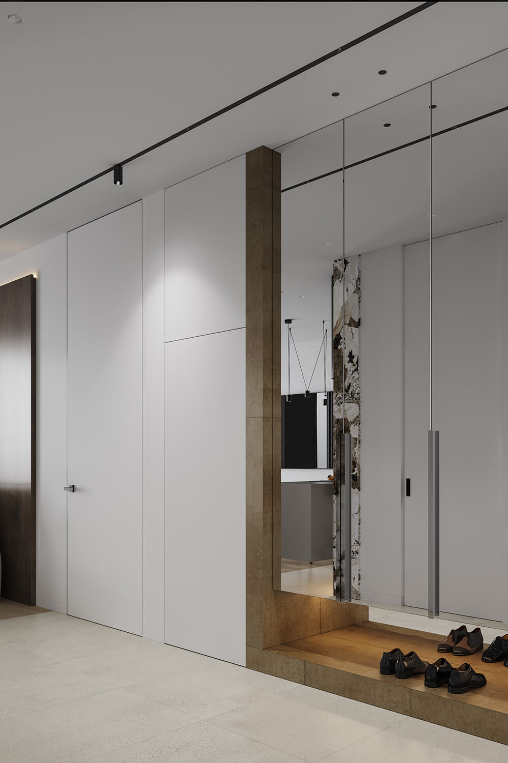 Інтер'єр вітальні з підвісними полицями для книг та декору, що економлять простір