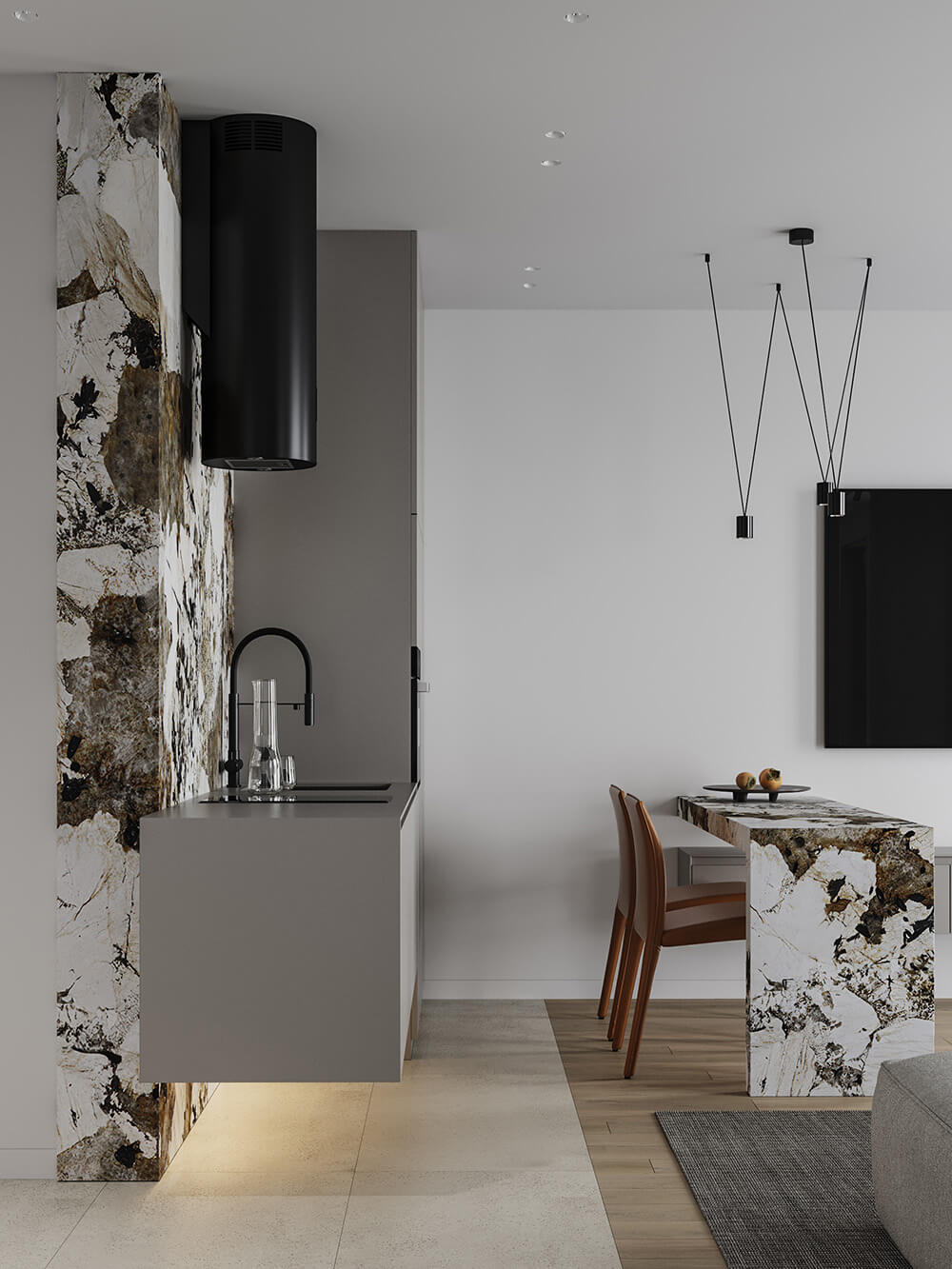 Світла кухня з підвісними шафами та островом, що створює відчуття відкритого простору