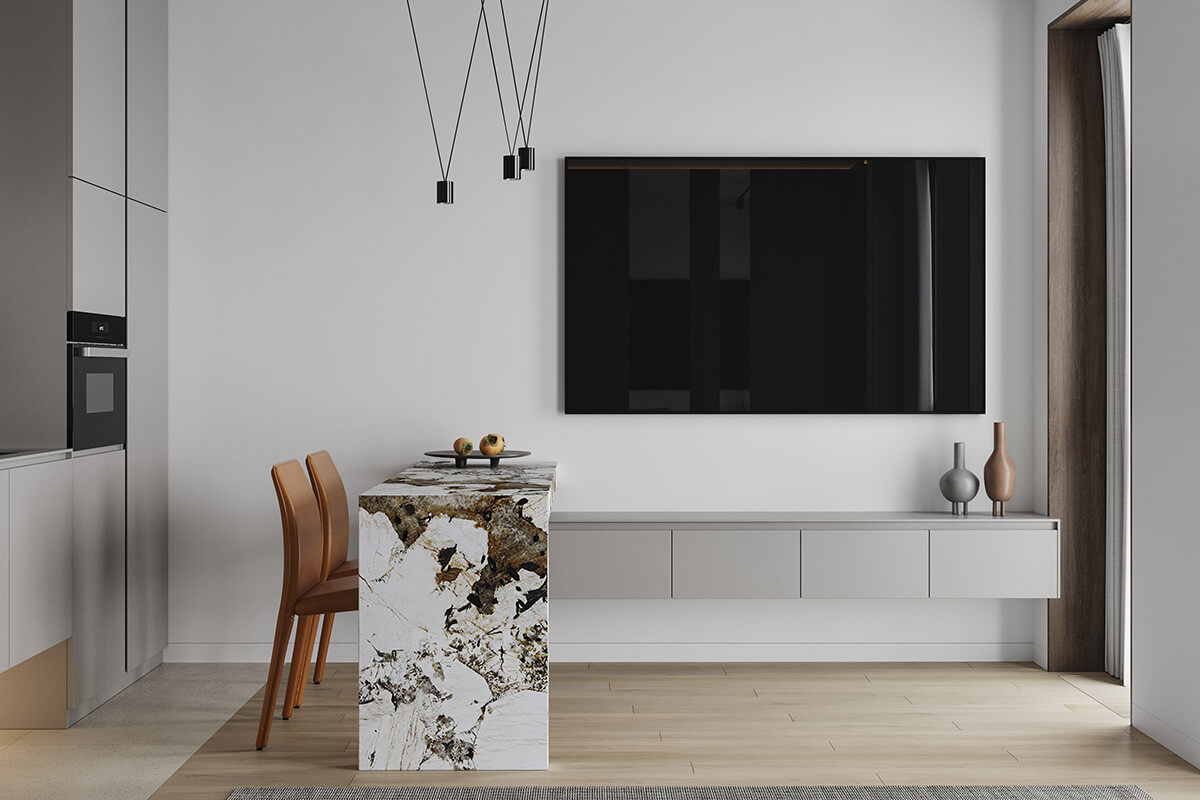 Сучасна ванна кімната з підвісною тумбою під раковину та дзеркалом