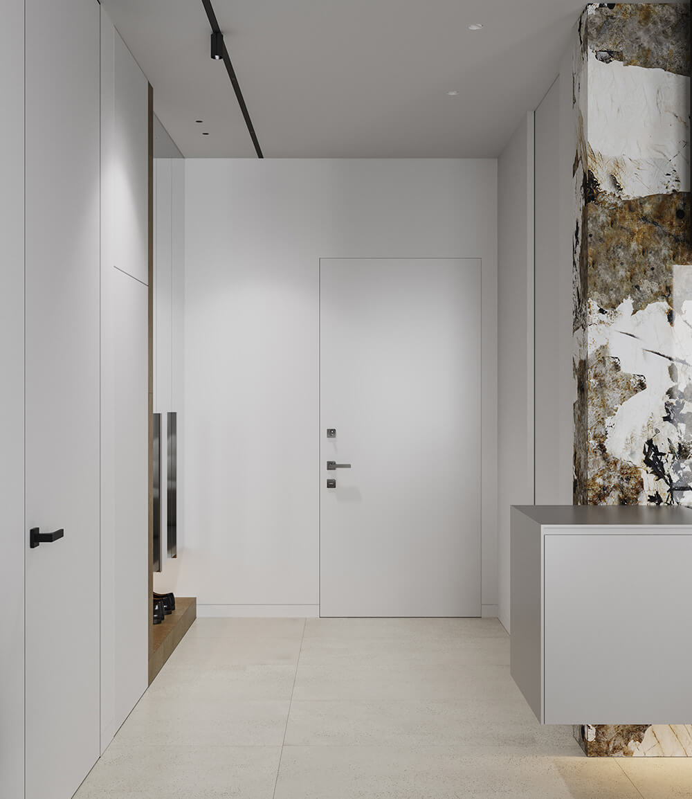 Підвісна тумба під телевізор у вітальні з мінімалістичним дизайном інтер'єру