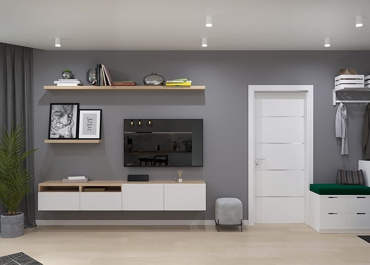 Комбінація відкритих та закритих модулів системи Бесто ІКЕА у вітальні для зручного зберігання.