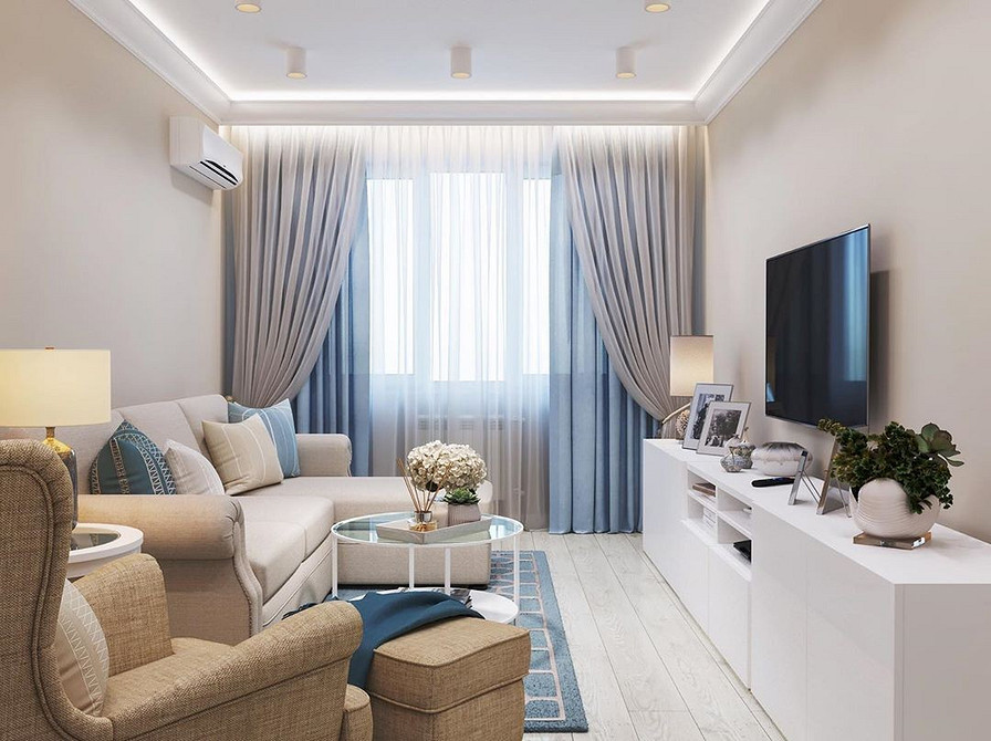 Скандинавський дизайн вітальні з меблями Бесто ІКЕА для організації простору.