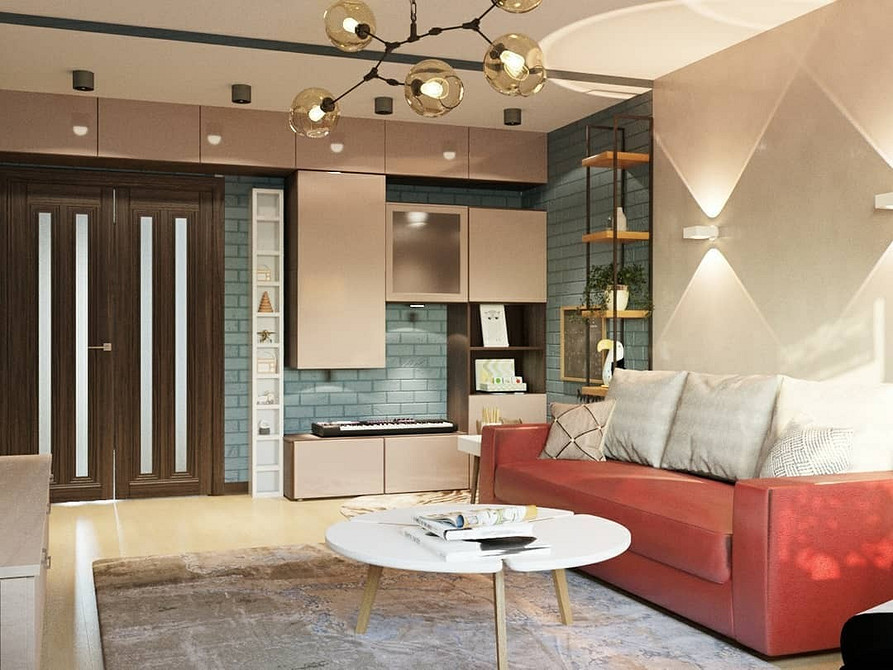 Сучасна вітальня з темно-синьою системою Бесто ІКЕА та дерев'яними акцентами