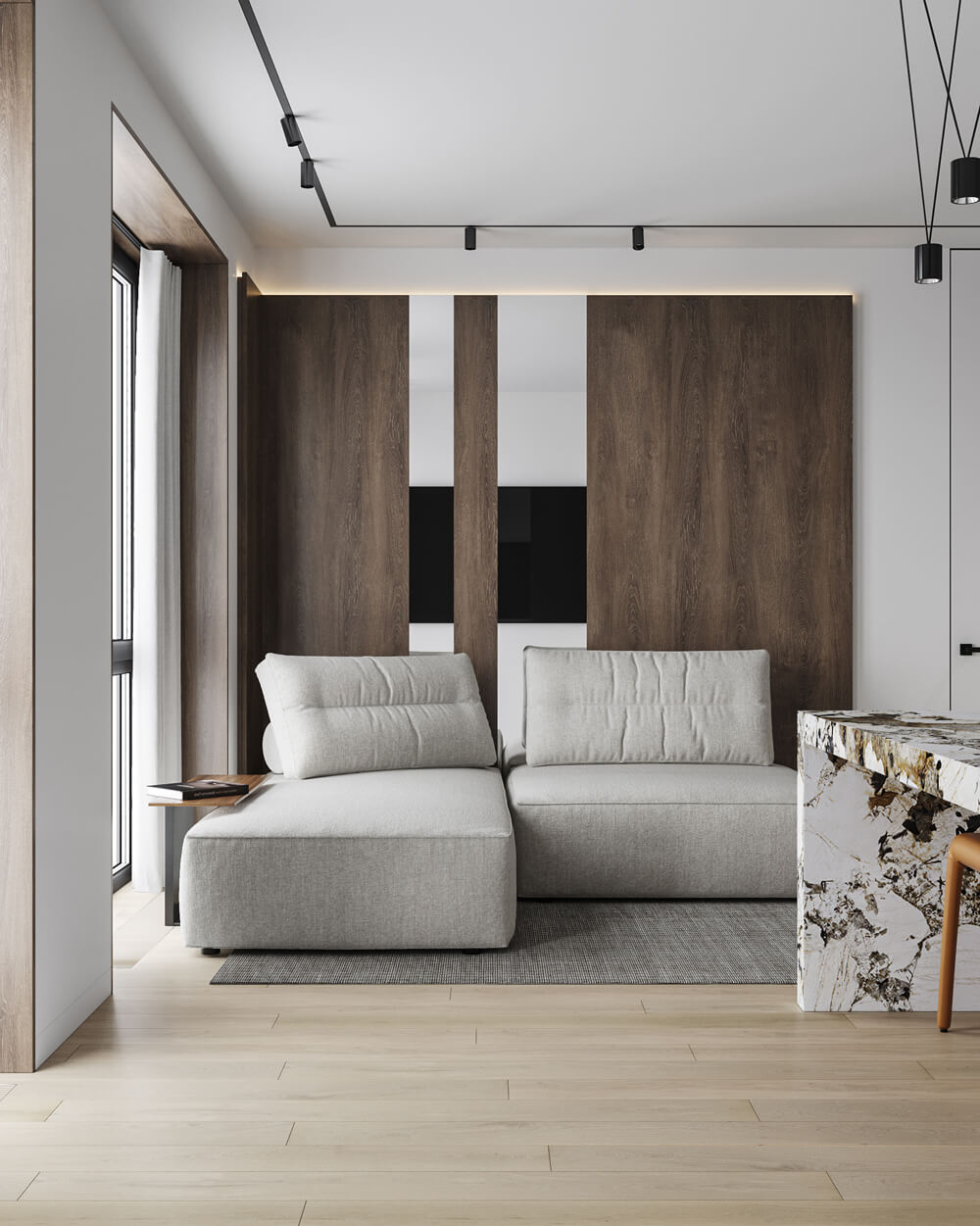 Дизайн стін у вітальні: світлі стіни та декоративні елементи для затишної атмосфери.