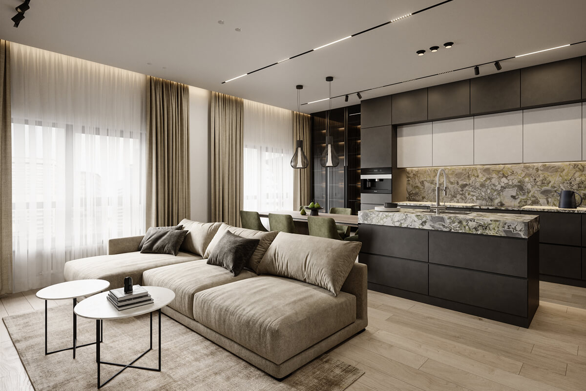 Сучасний дизайн інтер'єру з мінімалістичною вітальнею та акцентом на функціональності простору.
