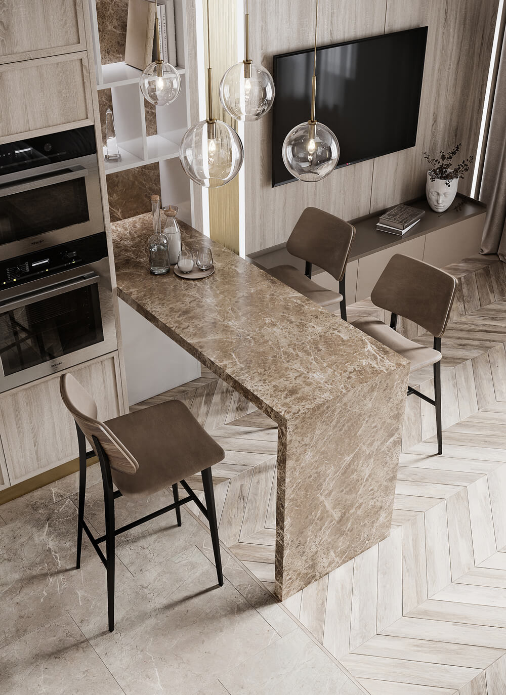 Сучасний інтер'єр їдальні з мінімалістичним столом та стильними стільцями.