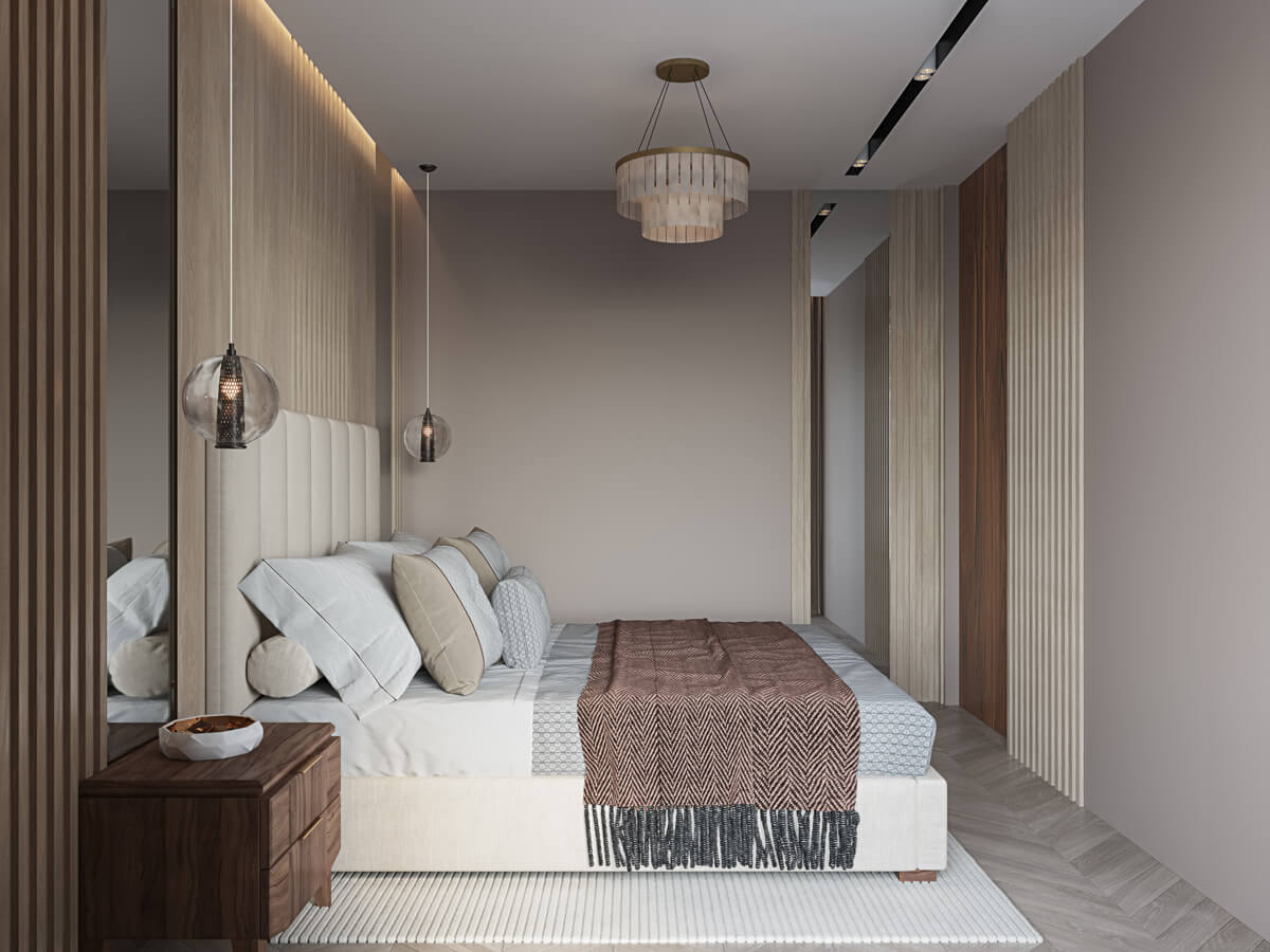 Сучасний інтер'єр їдальні з великим дерев'яним столом та стильними стільцями в нейтральних тонах.