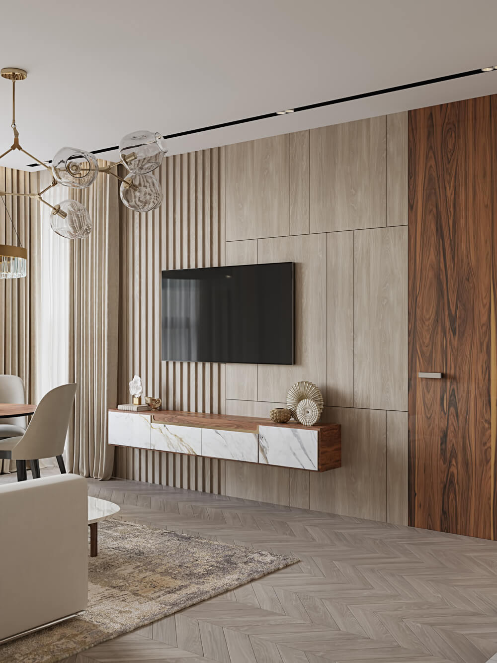 Сучасний дизайн холу з мінімальною кількістю меблів та акцентом на освітлення.