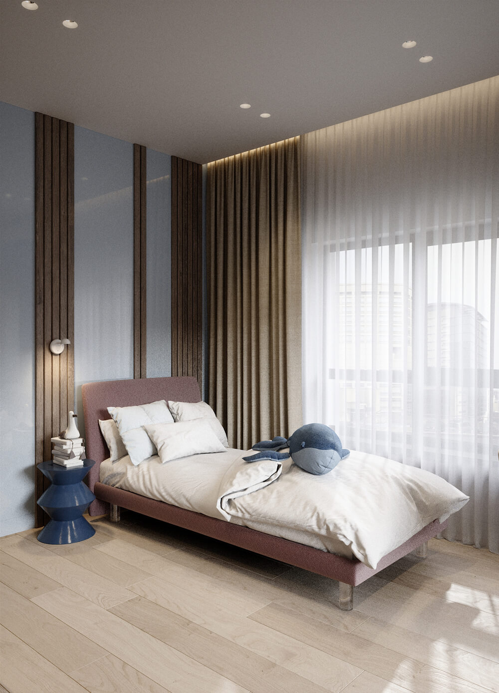 Дизайн інтер'єру у сучасному стилі з використанням акцентних кольорів та мінімалістичних меблів.